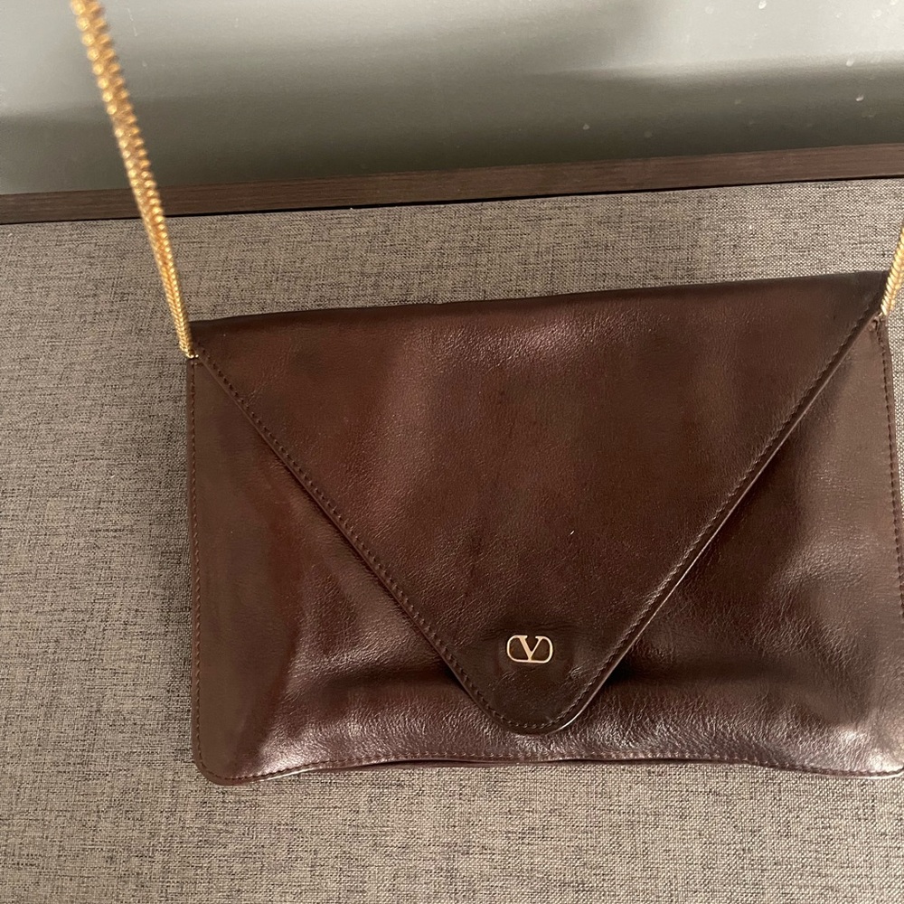 Valentino Dark Brown Vintage Leather Clutch with Gold Chain